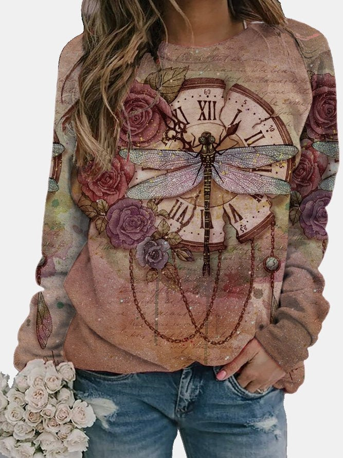 Dragonfly Floral Print Long Sleeve Sweatshirt