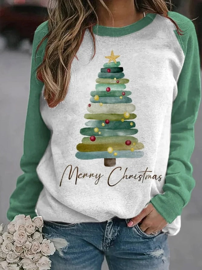 Christmas Tree Print Crew Neck Casual Sweatshirt