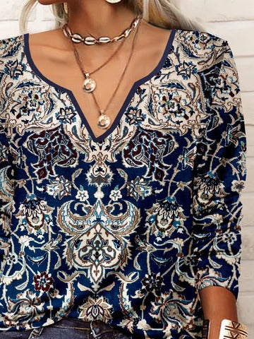 V Neck Ethnic Printed Casual T-Shirt