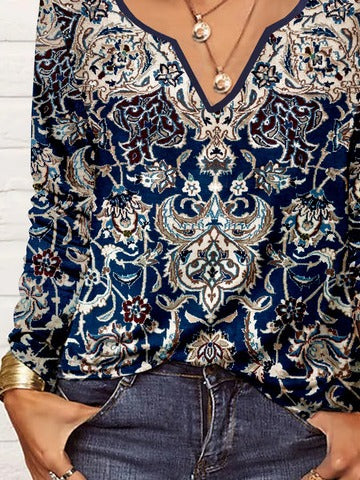 V Neck Ethnic Printed Casual T-Shirt