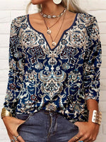 V Neck Ethnic Printed Casual T-Shirt
