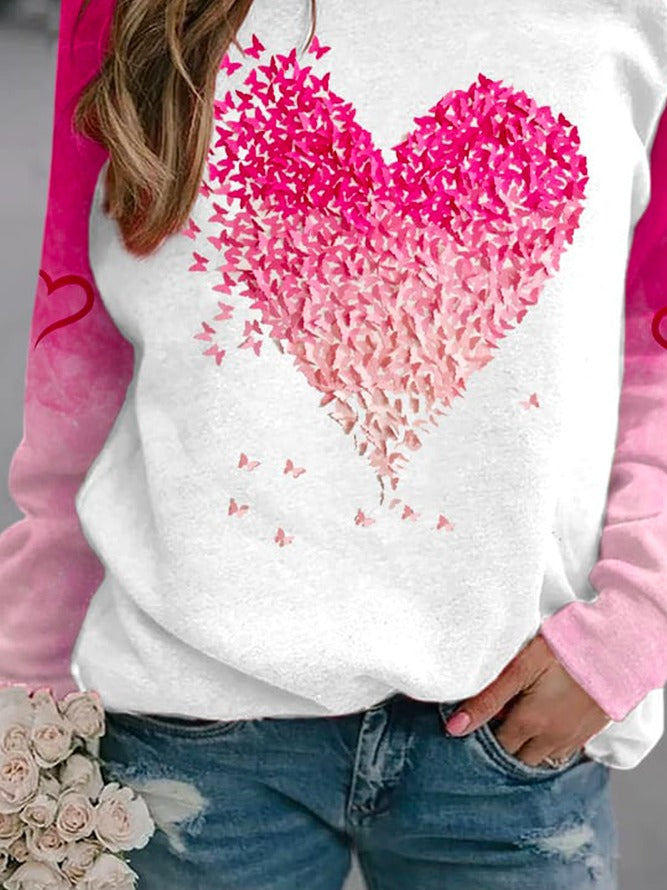 Crew Neck Jersey Heart/Cordate Print Casual Sweatshirt