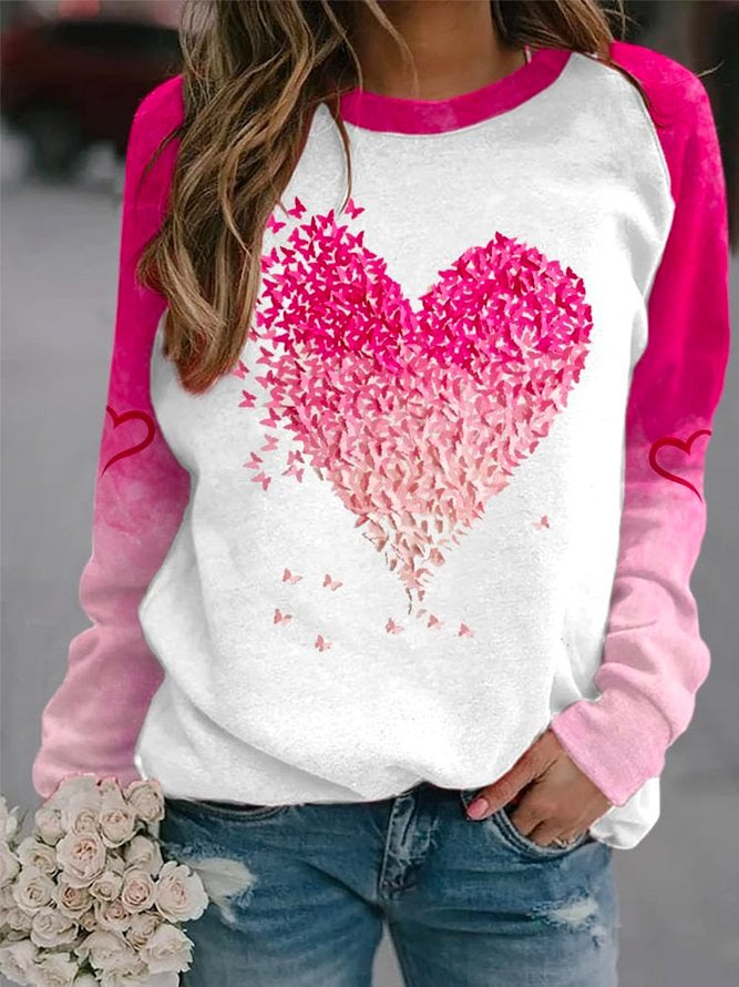 Crew Neck Jersey Heart/Cordate Print Casual Sweatshirt