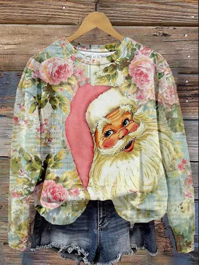 Santa Claus & Floral Print Casual Round Neck Long Sleeve Sweatshirt