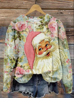 Santa Claus & Floral Print Casual Round Neck Long Sleeve Sweatshirt