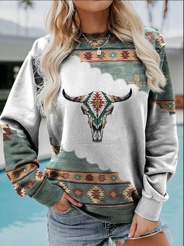 Ethnic Print Casual Round Neck Long Sleeve Sweatshirt
