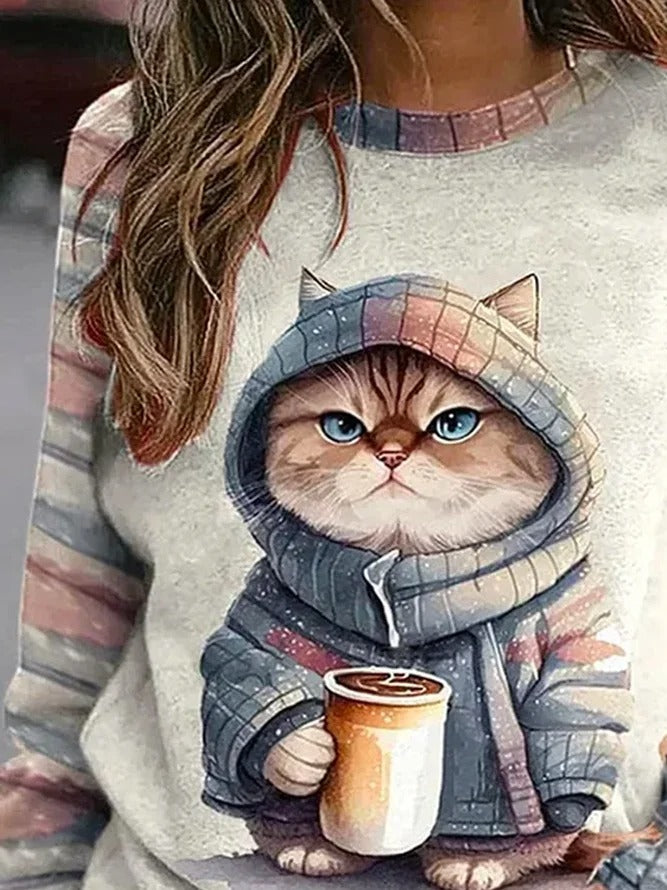 Casual Cat Print Loose Sweatshirt