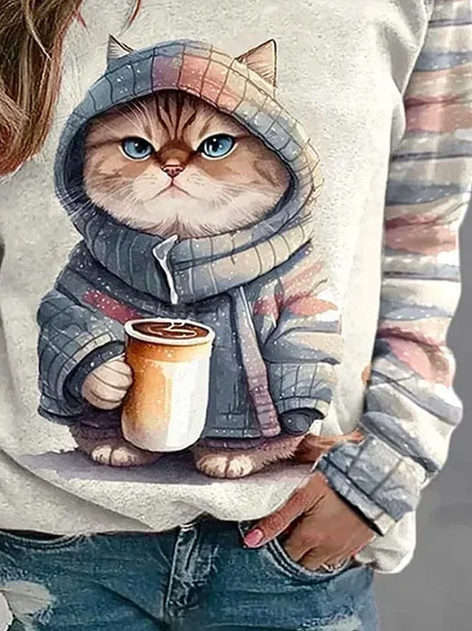 Casual Cat Print Loose Sweatshirt