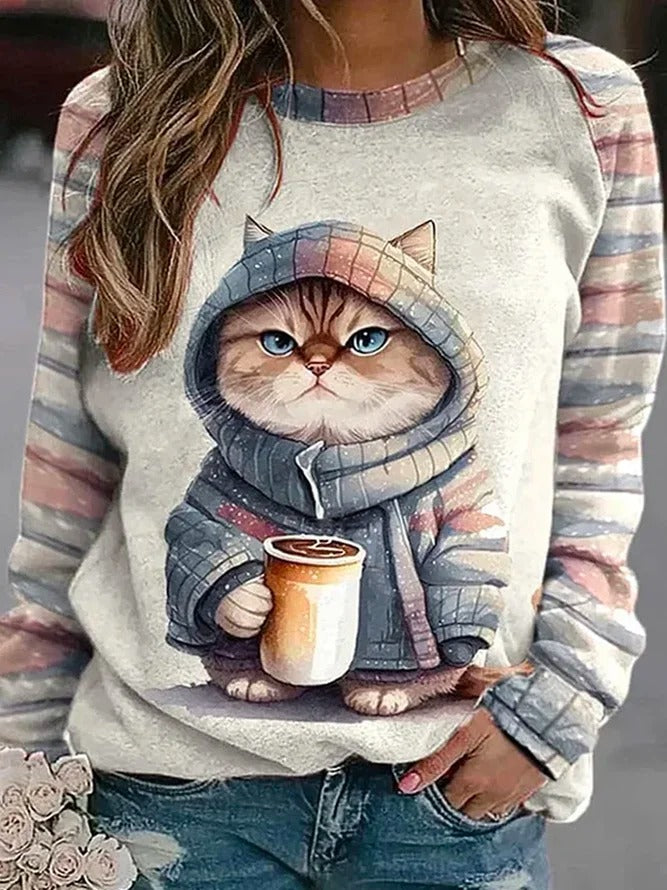 Casual Cat Print Loose Sweatshirt