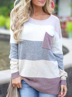 Stripe Color Block Round Neck Long Sleeves Sweater