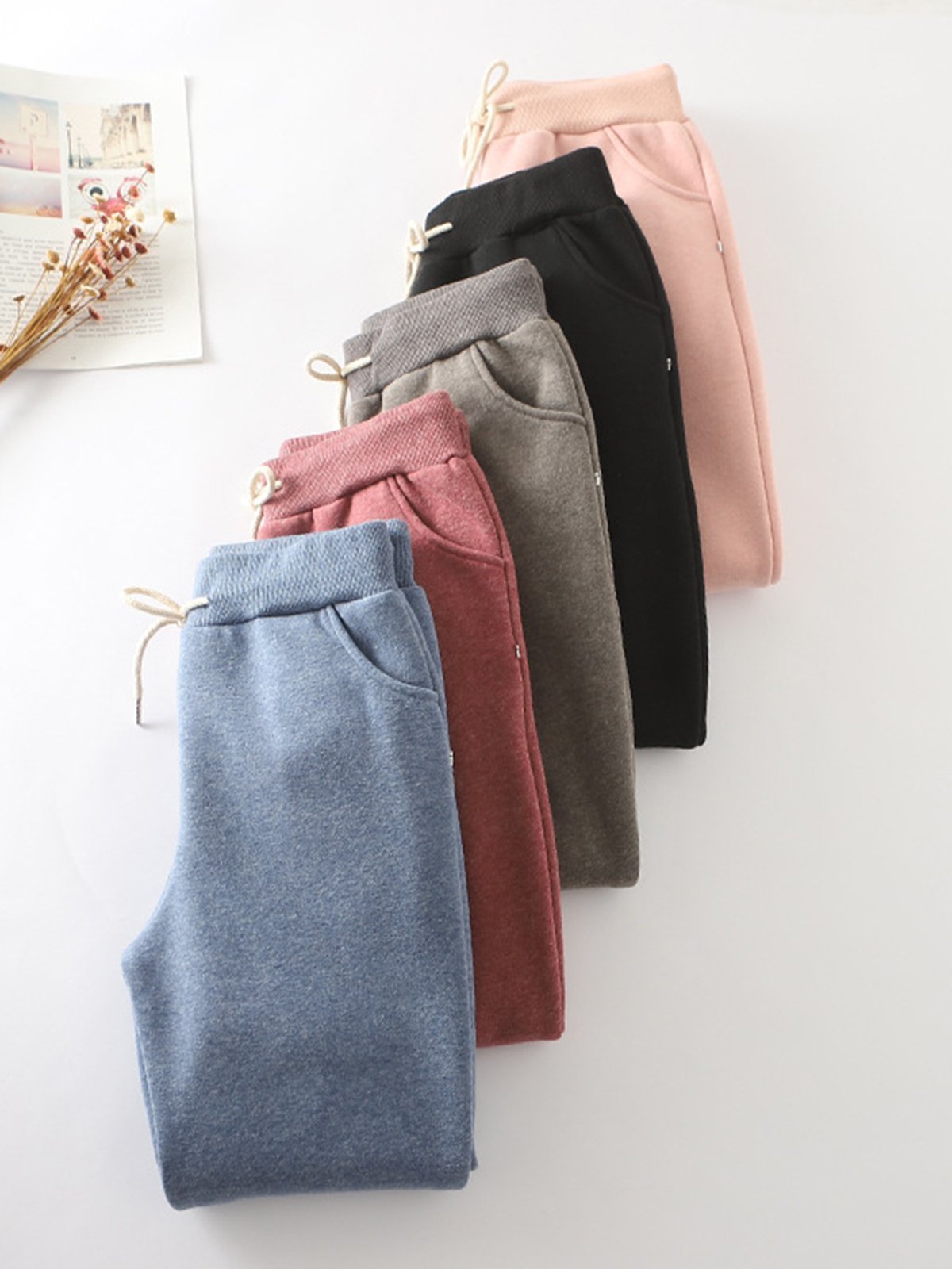 Solid Color with Pockets Casual Thermal Pants