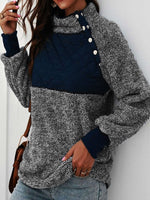Color Block Stand Collar Buttons Long Sleeves Warm Sweater