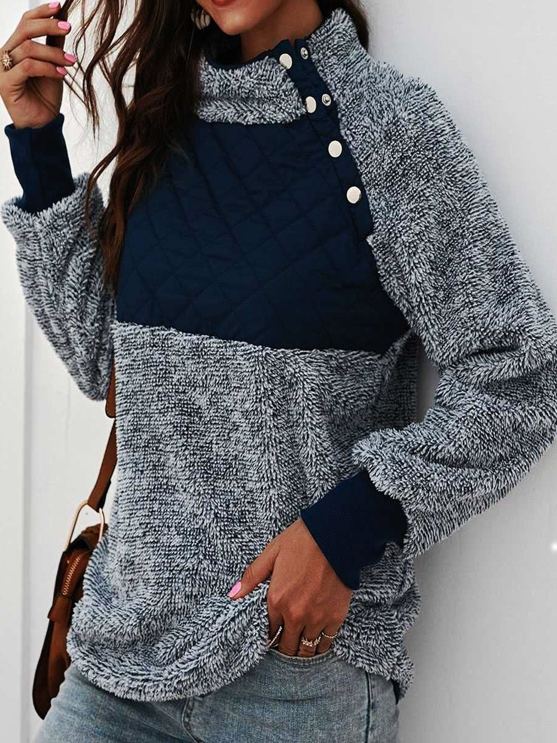 Color Block Stand Collar Buttons Long Sleeves Warm Sweater