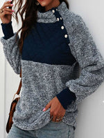 Color Block Stand Collar Buttons Long Sleeves Warm Sweater