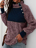 Color Block Stand Collar Buttons Long Sleeves Warm Sweater