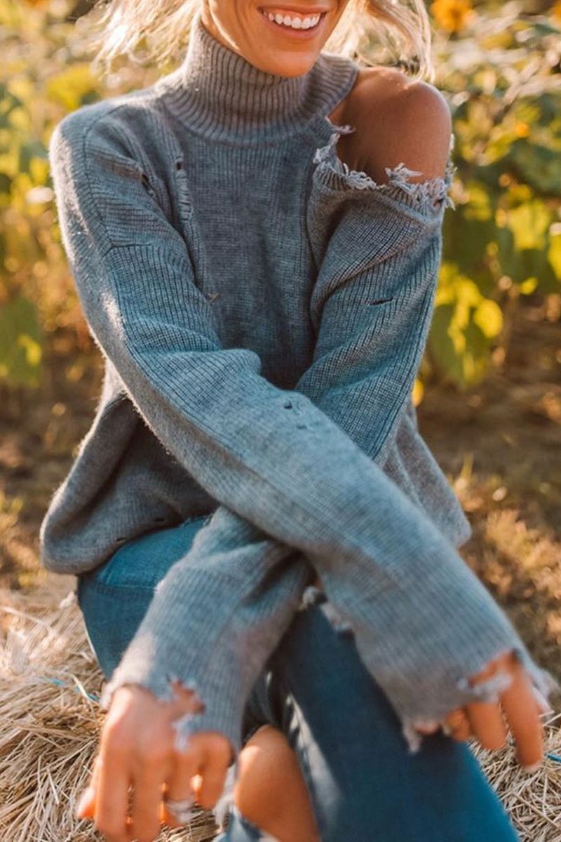Plain Hollow Out High Neck Long Sleeves Sweater