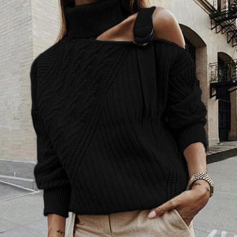 Solid Color High Neck Off-Shoulder Long Sleeves Sweater