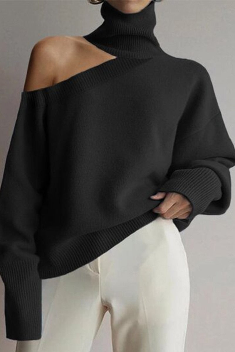 Solid Color High Neck Off-Shoulder Long Sleeves Sweater