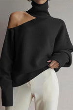 Solid Color High Neck Off-Shoulder Long Sleeves Sweater