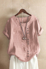 Women's Round Neck Solid Color Buttons Short Sleeves Blouse