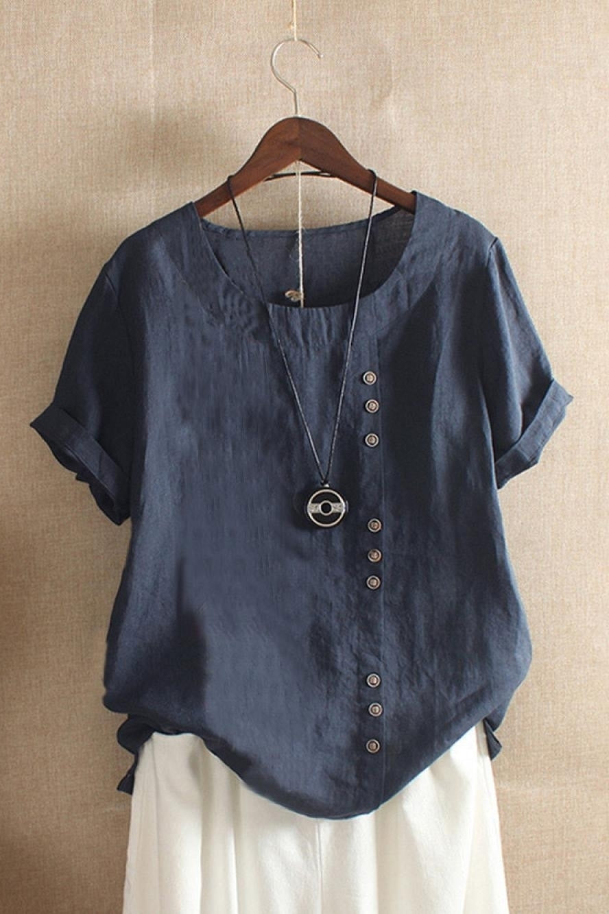 Women's Round Neck Solid Color Buttons Short Sleeves Blouse