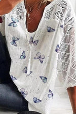 Ladies Butterfly Print V-neck 3/4 Sleeves Blouse