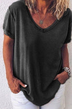 Solid Color Casual V-neck Short Sleeves T-shirt