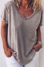 Solid Color Casual V-neck Short Sleeves T-shirt