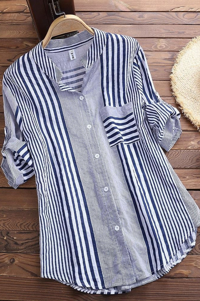 Stripe Print Stand Collar 3/4 Sleeves Blouse