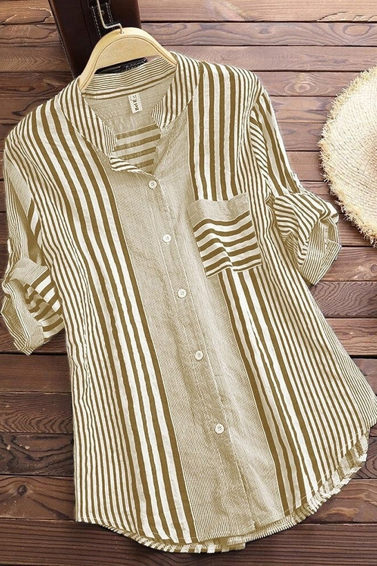Stripe Print Stand Collar 3/4 Sleeves Blouse
