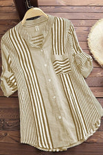Stripe Print Stand Collar 3/4 Sleeves Blouse