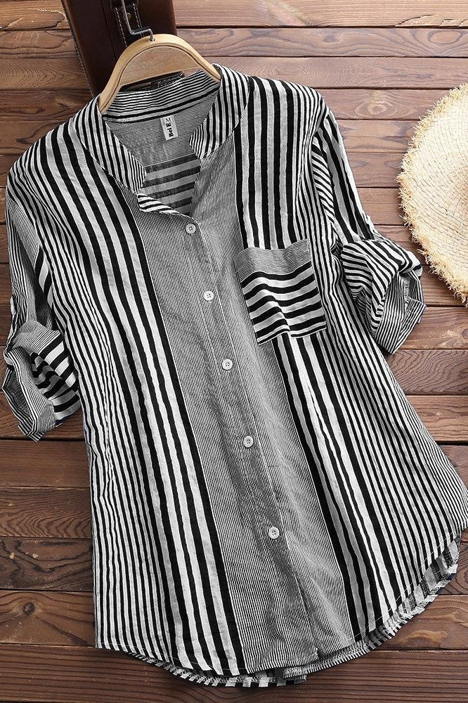 Stripe Print Stand Collar 3/4 Sleeves Blouse