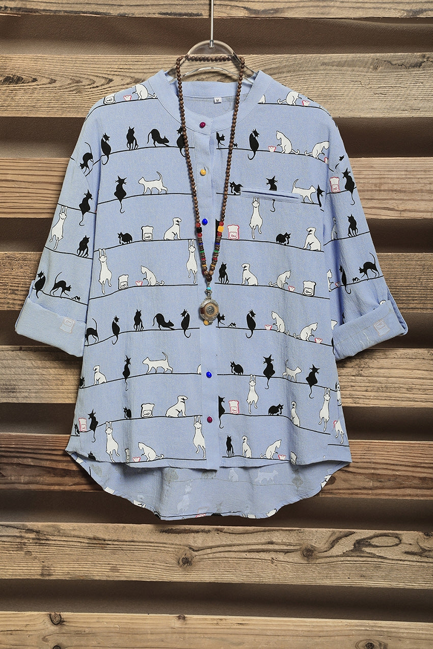 Cute Cat Print High Neck Short Sleeves Single Breasted Shirt