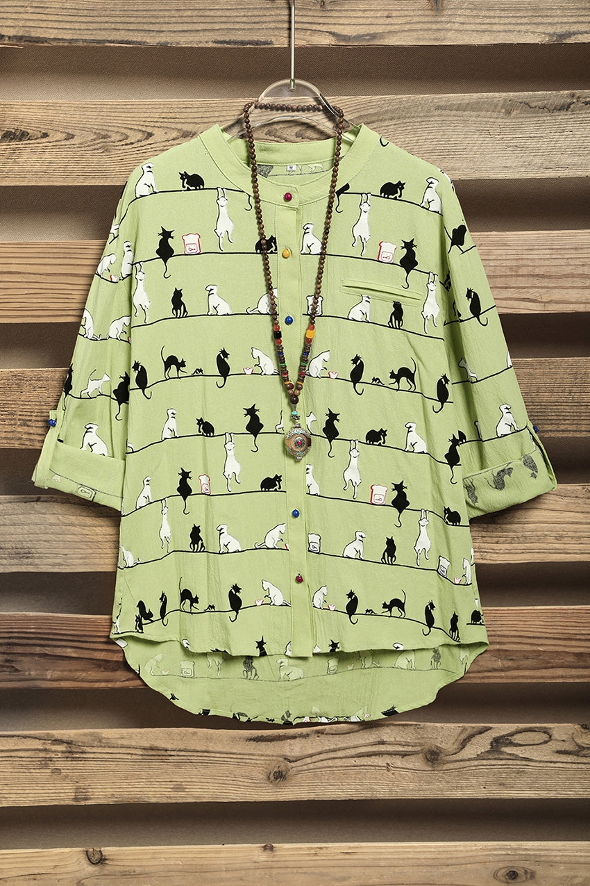Cute Cat Print High Neck Short Sleeves Single Breasted Shirt