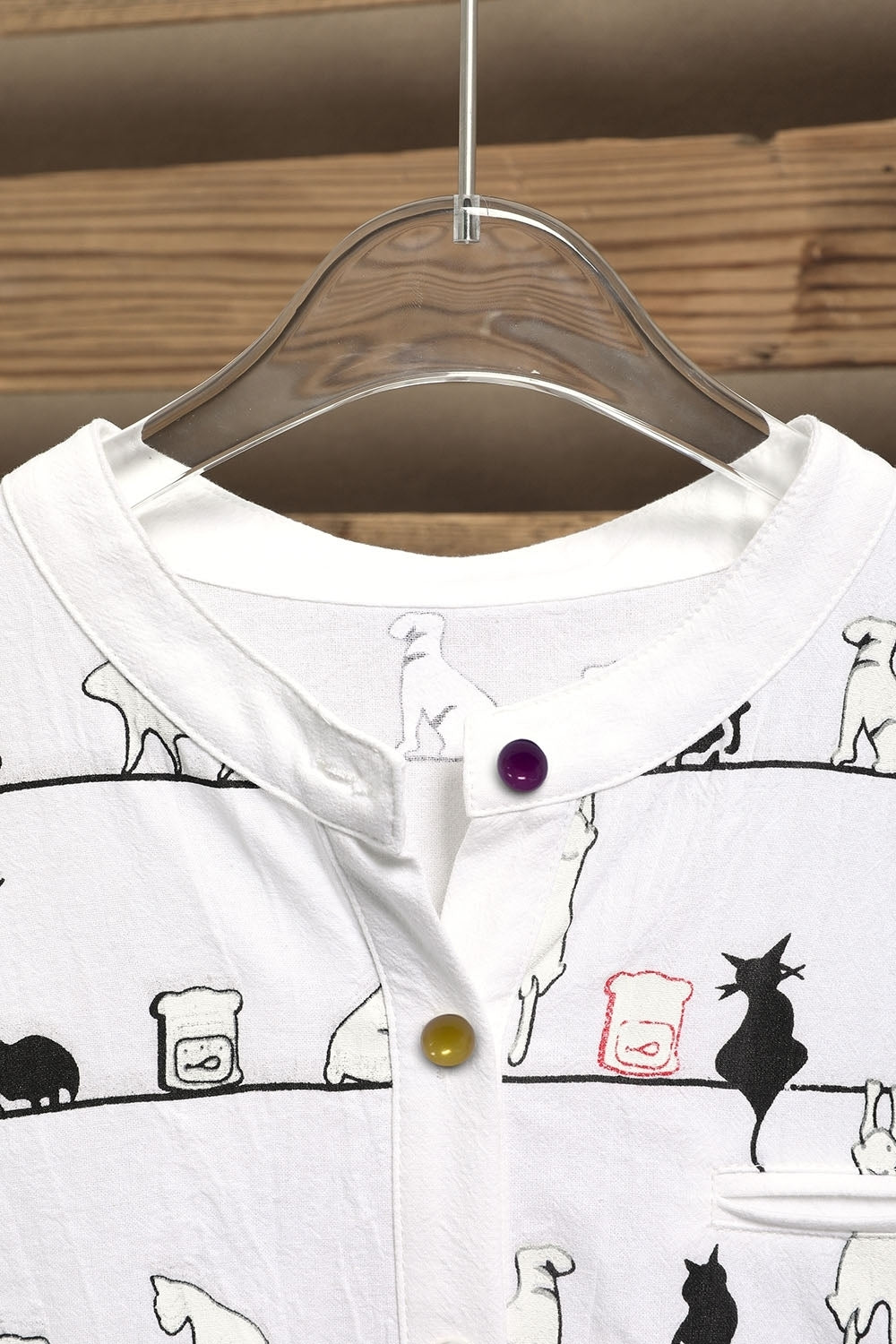 Cute Cat Print High Neck Short Sleeves Single Breasted Shirt