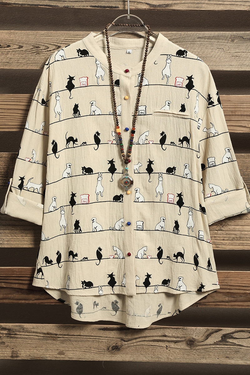 Cute Cat Print High Neck Short Sleeves Single Breasted Shirt