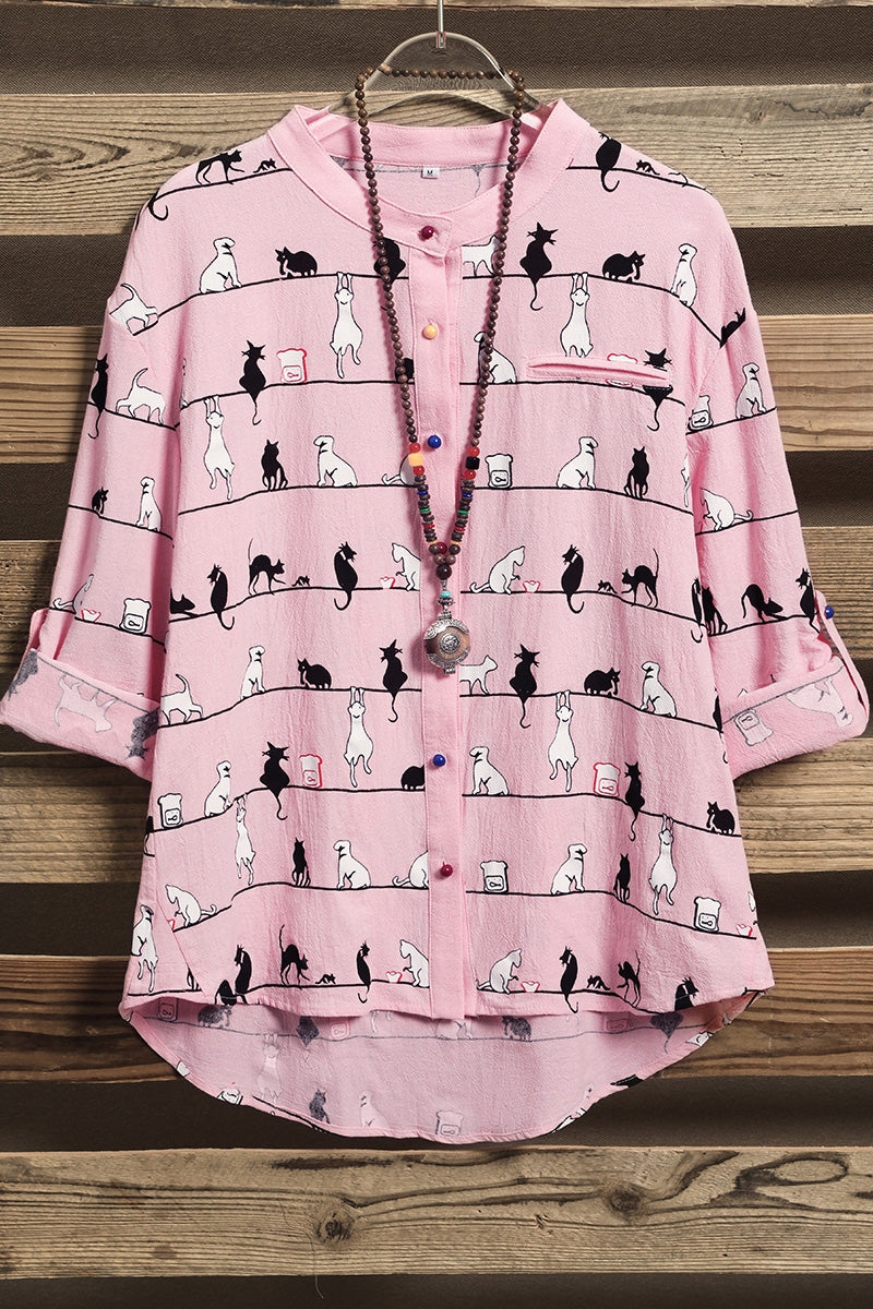 Cute Cat Print High Neck Short Sleeves Single Breasted Shirt