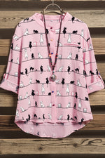Cute Cat Print High Neck Short Sleeves Single Breasted Shirt