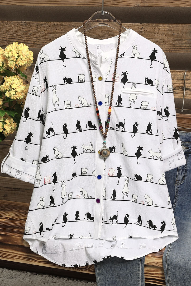 Cute Cat Print High Neck Short Sleeves Single Breasted Shirt