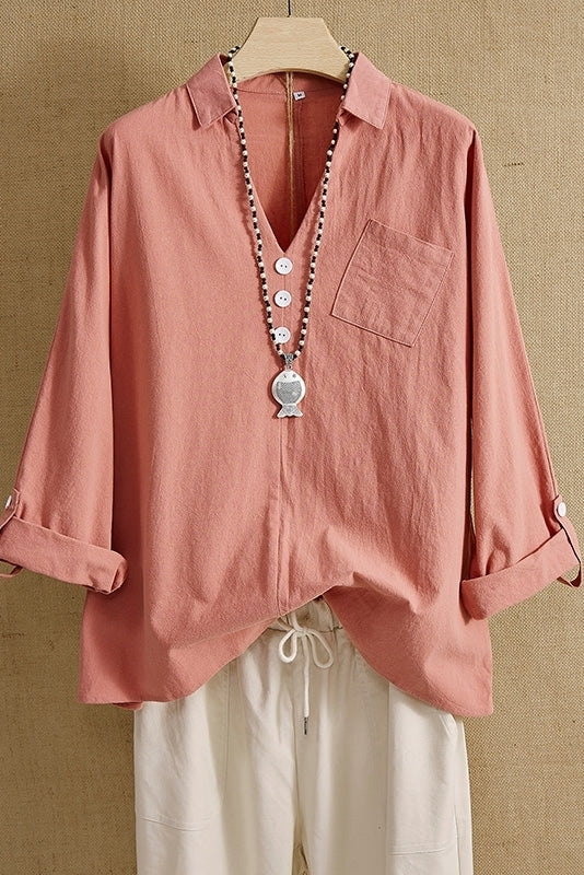 Solid Color with Pockets V-neck Long Sleeves Blouse