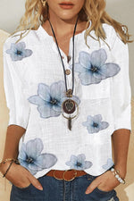 Floral Print Buttons V-neck Half Sleeves Blouse
