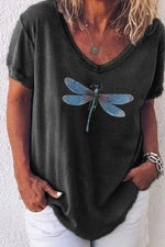 Dragonfly Print V-neck Short Sleeves T-shirt