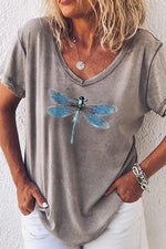 Dragonfly Print V-neck Short Sleeves T-shirt