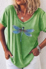 Dragonfly Print V-neck Short Sleeves T-shirt