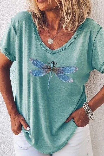 Dragonfly Print V-neck Short Sleeves T-shirt