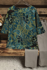 Leaf Print Round Neck Half Sleeves Blouse