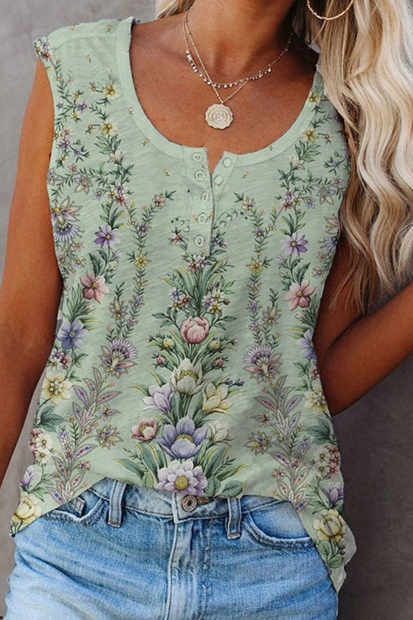 Floral Print Buttons Sleeveless Vest Tops