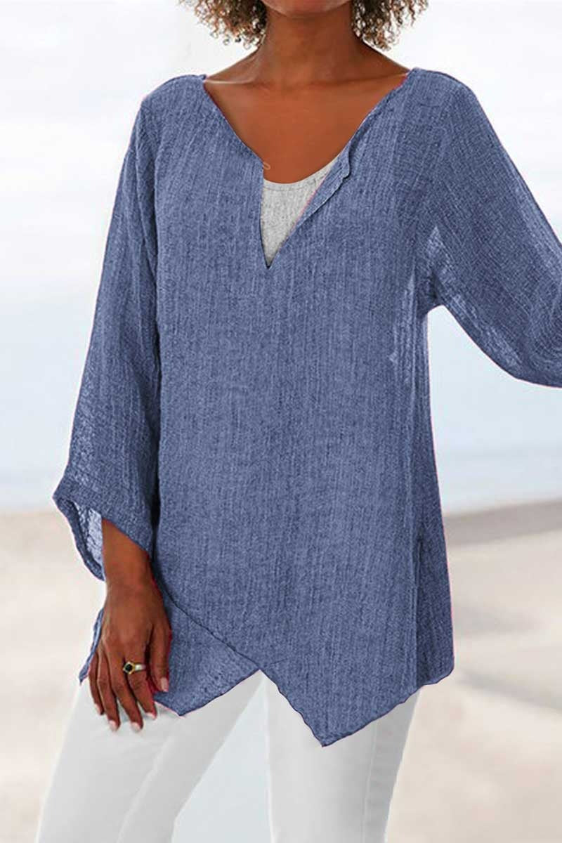 Women's V-neck Solid Color Irregular 3/4 Sleeves Blouse