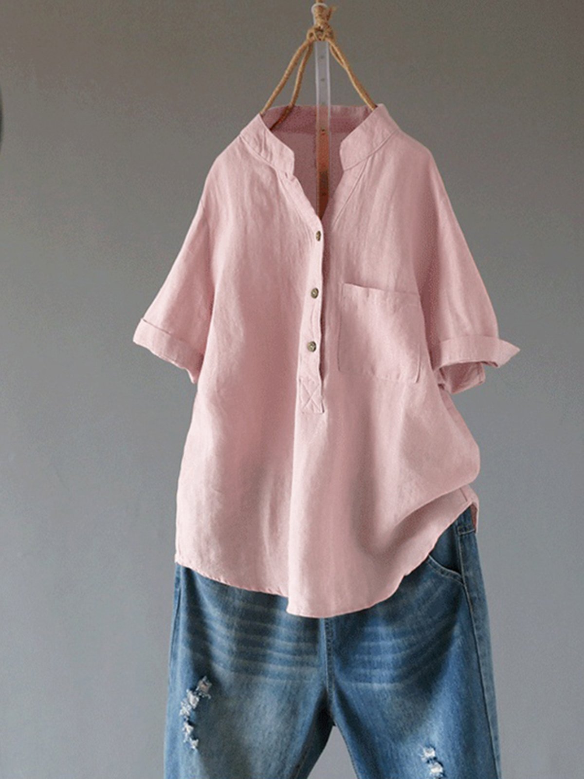 Women's V-neck Solid Color Buttons Short Sleeves Shirt