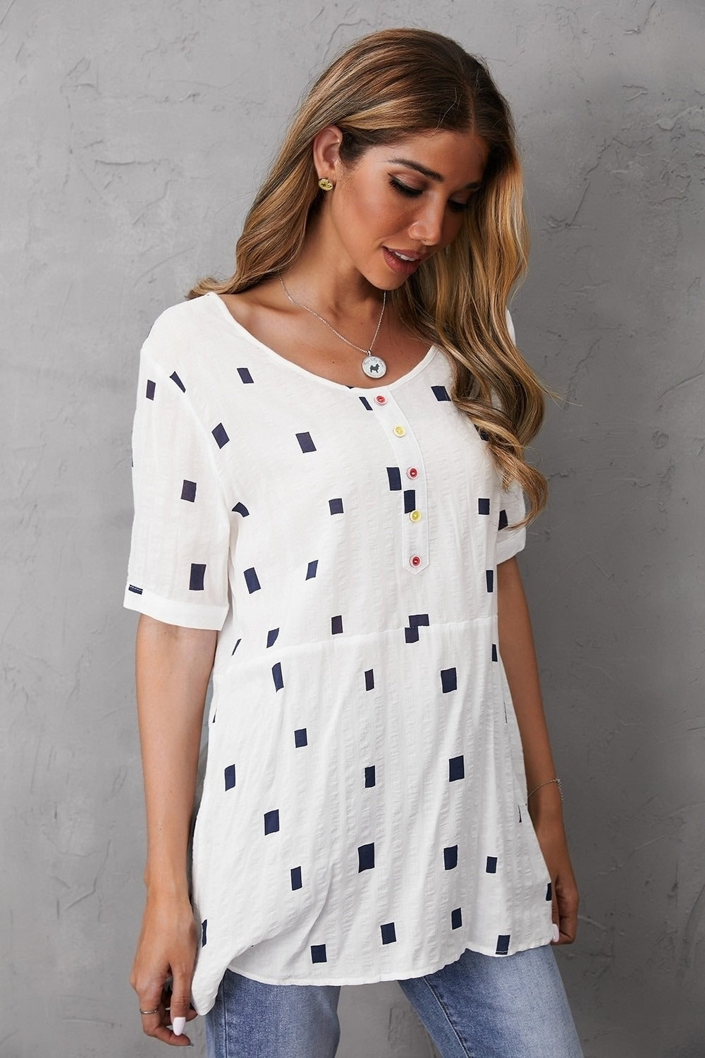 Women's Round Neck Geometric Print Short Sleeves T-shirt